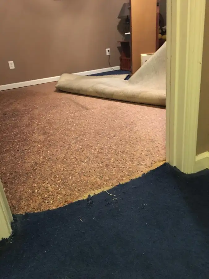 Carpet pad removal revealing water damage during Water Mitigation Services in Pleasant Grove